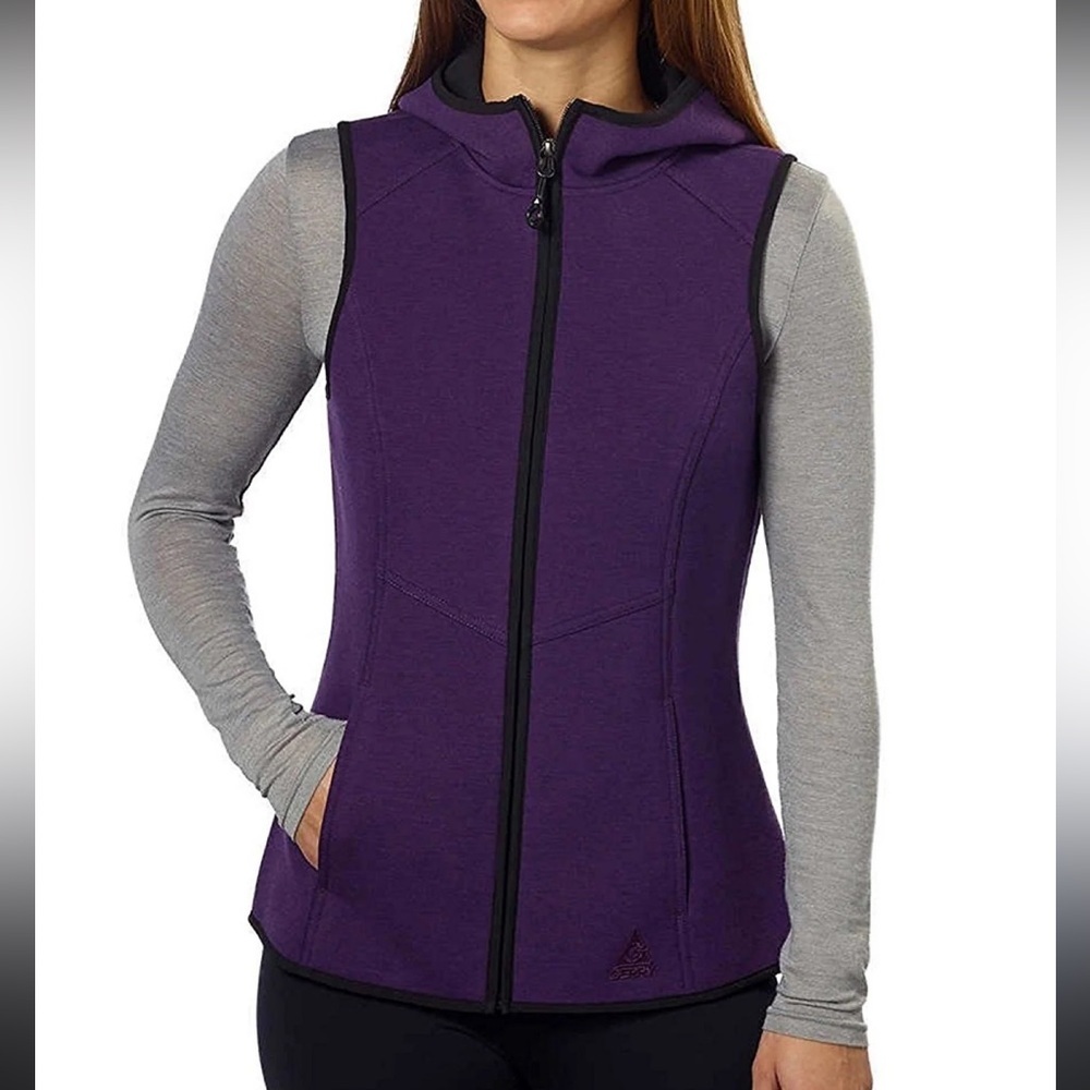 Gerry women's Soft Shell hooded vest in purple with black trim